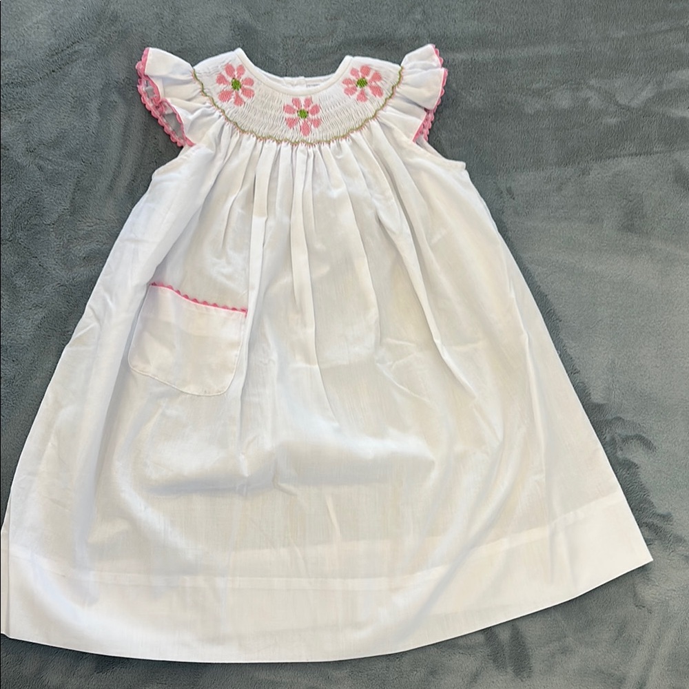 Handmade White Dress with Pink Floral Smocking